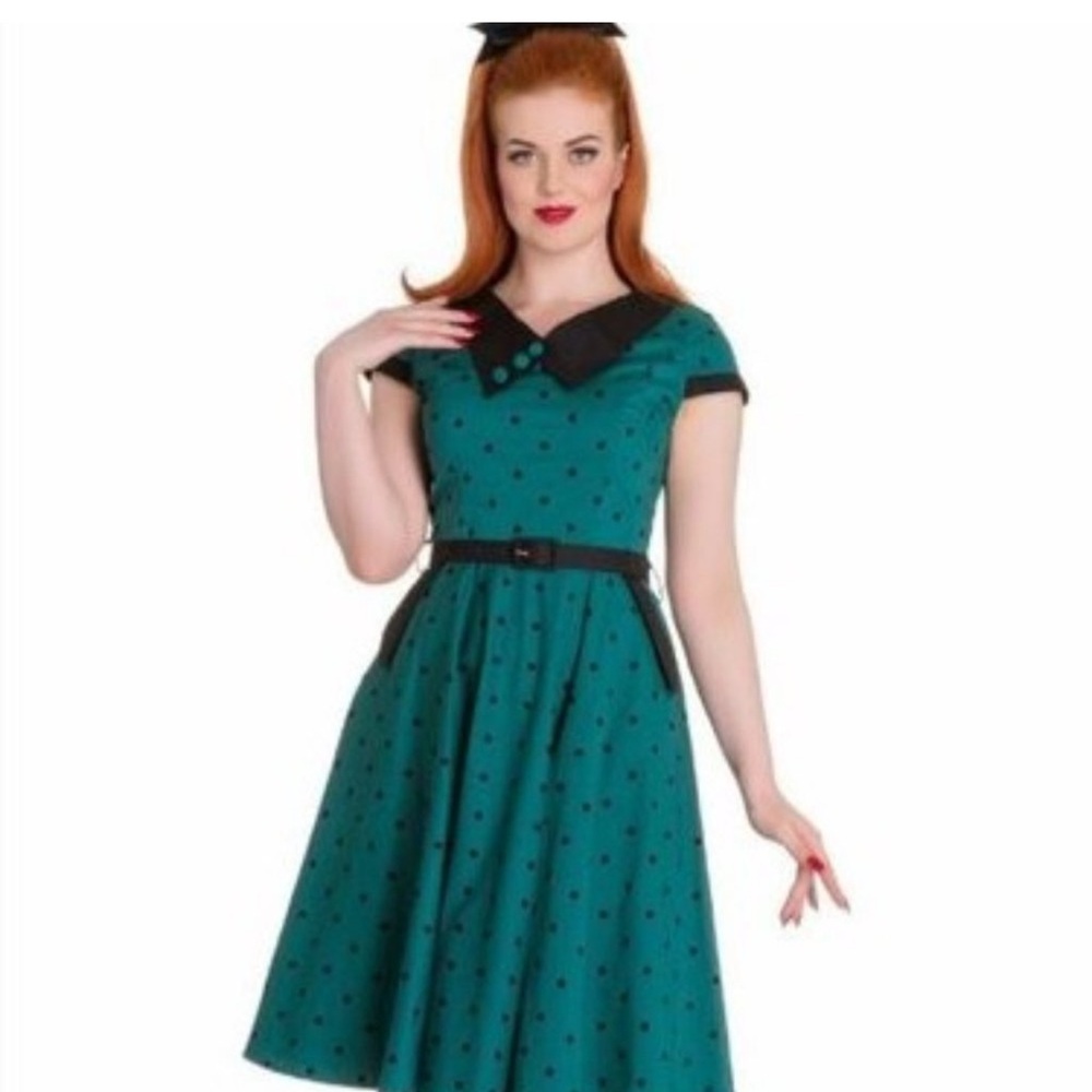 Hell Bunny Teal and Black Polka Dot Midi Dress